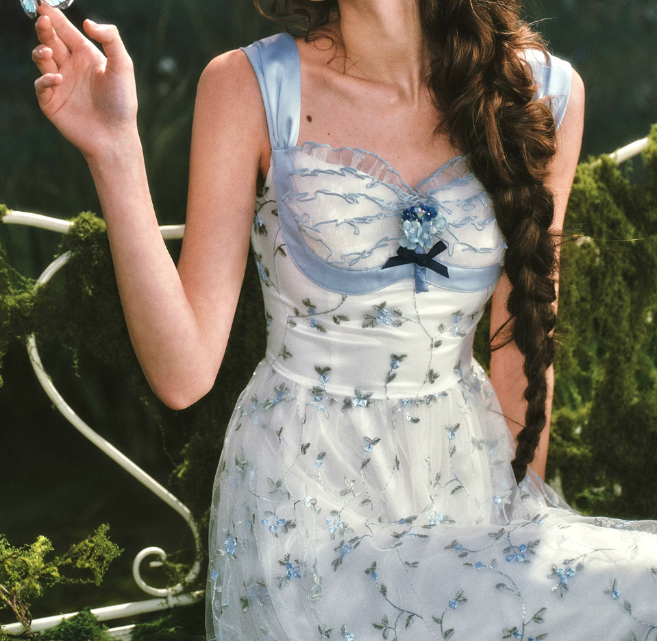 Dreamy A-Line Blue Prom Dress Floral Tulle Spaghetti Straps Evening Dress C8514