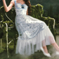 Dreamy A-Line Blue Prom Dress Floral Tulle Spaghetti Straps Evening Dress C8514