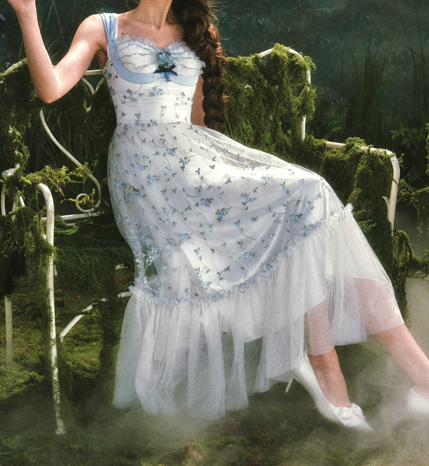 Dreamy A-Line Blue Prom Dress Floral Tulle Spaghetti Straps Evening Dress C8514