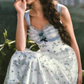 Dreamy A-Line Blue Prom Dress Floral Tulle Spaghetti Straps Evening Dress C8514