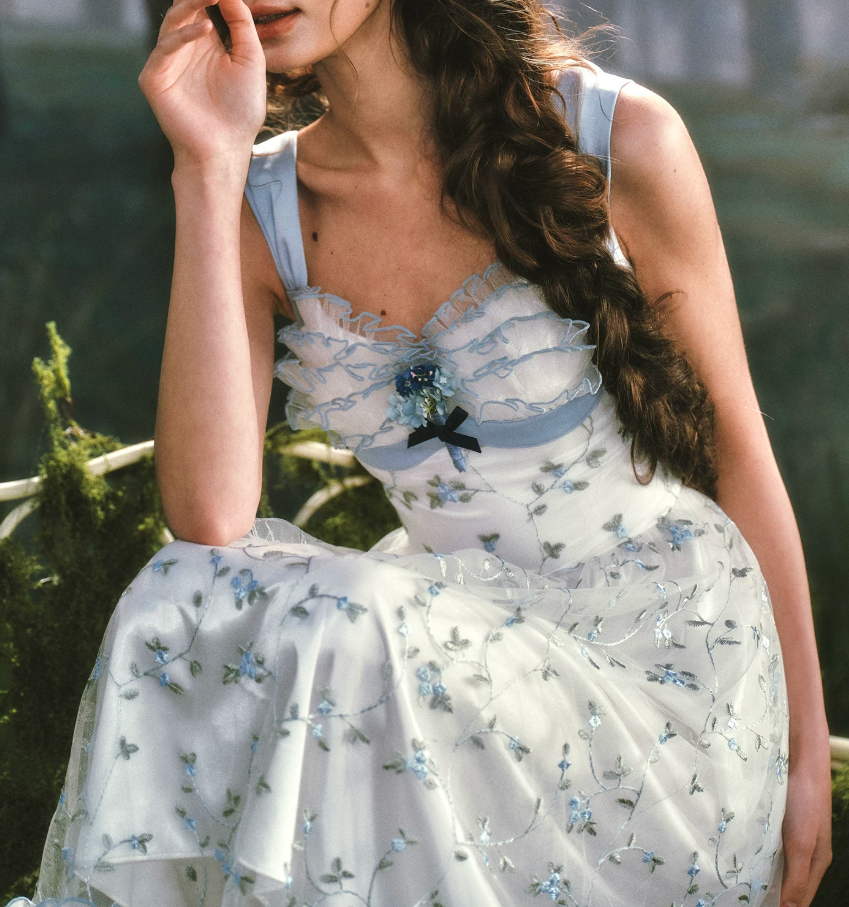 Dreamy A-Line Blue Prom Dress Floral Tulle Spaghetti Straps Evening Dress C8514