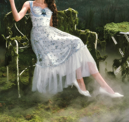 Dreamy A-Line Blue Prom Dress Floral Tulle Spaghetti Straps Evening Dress C8514