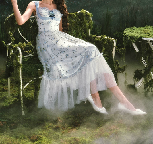 Dreamy A-Line Blue Prom Dress Floral Tulle Spaghetti Straps Evening Dress C8514