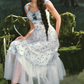 Dreamy A-Line Blue Prom Dress Floral Tulle Spaghetti Straps Evening Dress C8514