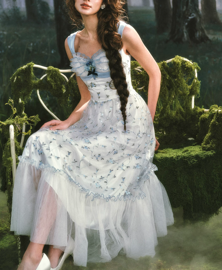 Dreamy A-Line Blue Prom Dress Floral Tulle Spaghetti Straps Evening Dress C8514