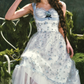 Dreamy A-Line Blue Prom Dress Floral Tulle Spaghetti Straps Evening Dress C8514