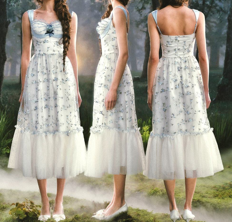 Dreamy A-Line Blue Prom Dress Floral Tulle Spaghetti Straps Evening Dress C8514