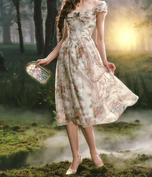 Glam Ruffled Off-the-Shoulder Prom Dress Floral A-Line Evening Dress C8515