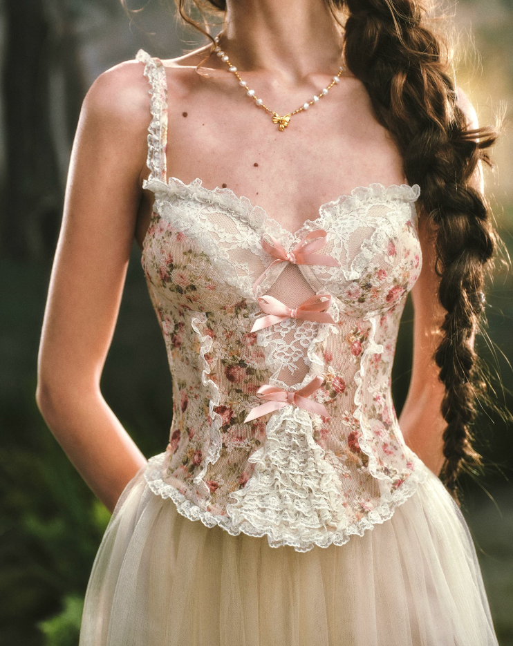 Ornate Spaghetti Straps Lace Prom Dress Floral Bows A-Line Evening Dress C8516