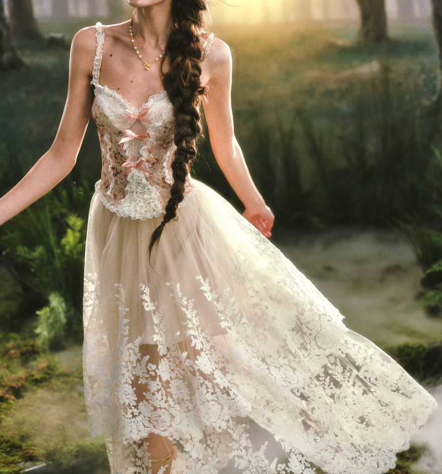 Ornate Spaghetti Straps Lace Prom Dress Floral Bows A-Line Evening Dress C8516
