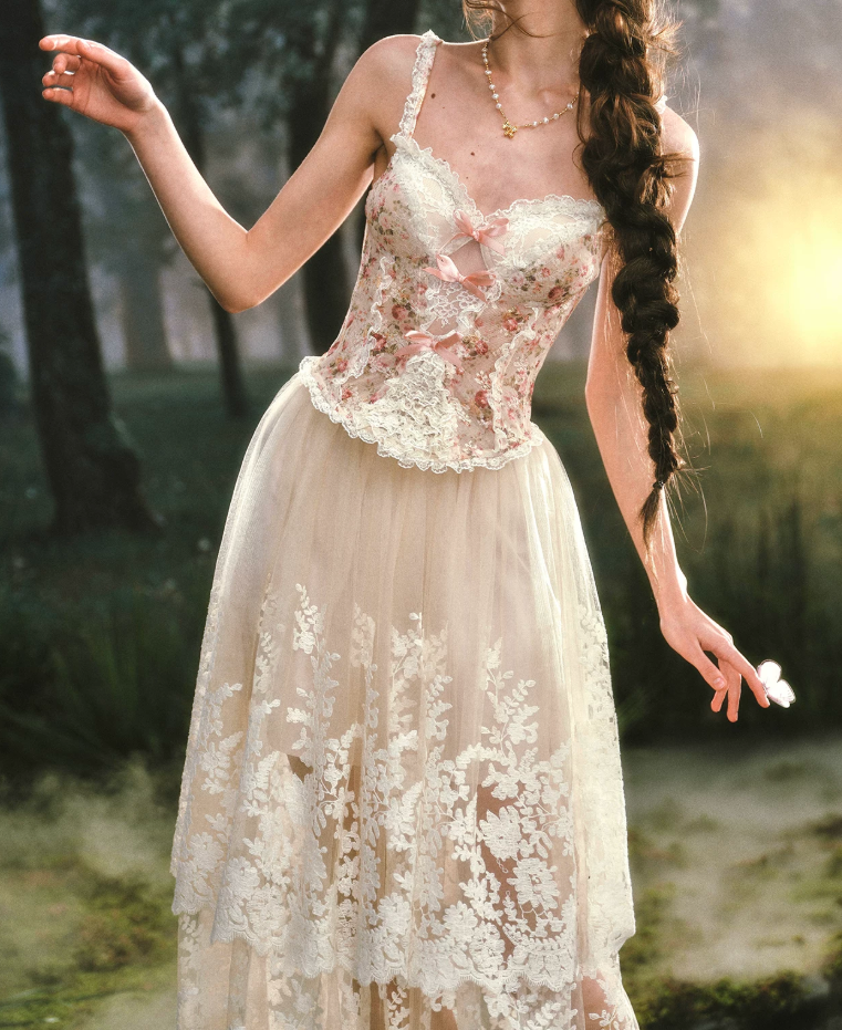Ornate Spaghetti Straps Lace Prom Dress Floral Bows A-Line Evening Dress C8516