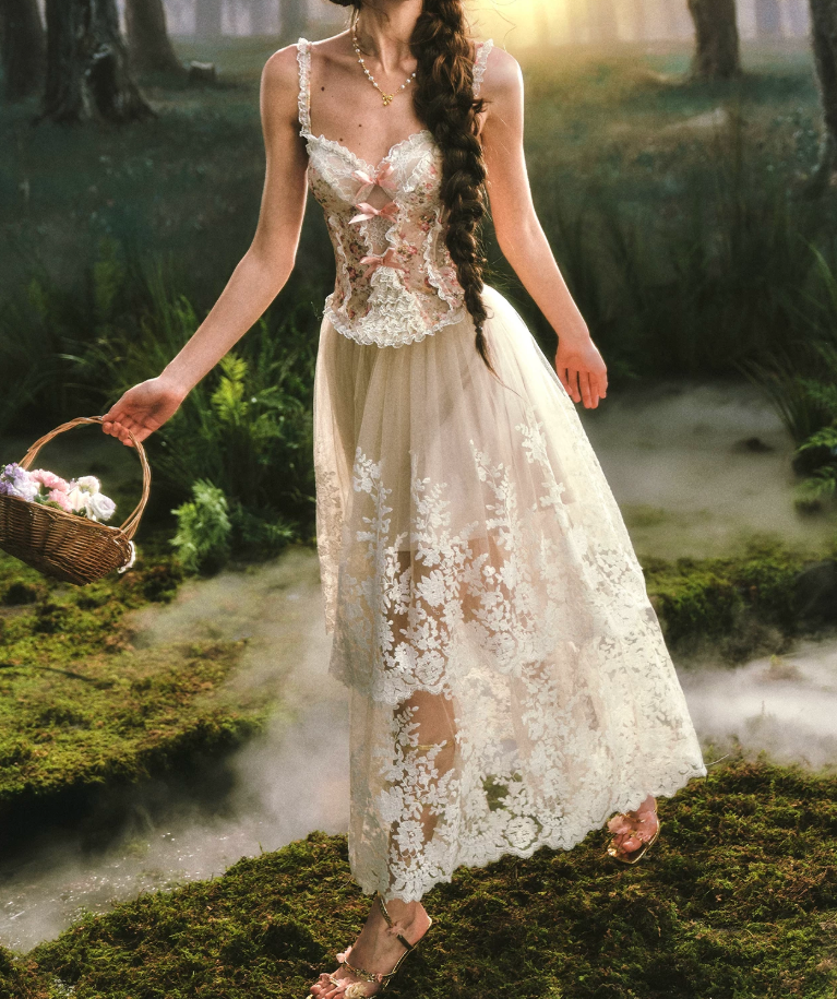 Ornate Spaghetti Straps Lace Prom Dress Floral Bows A-Line Evening Dress C8516