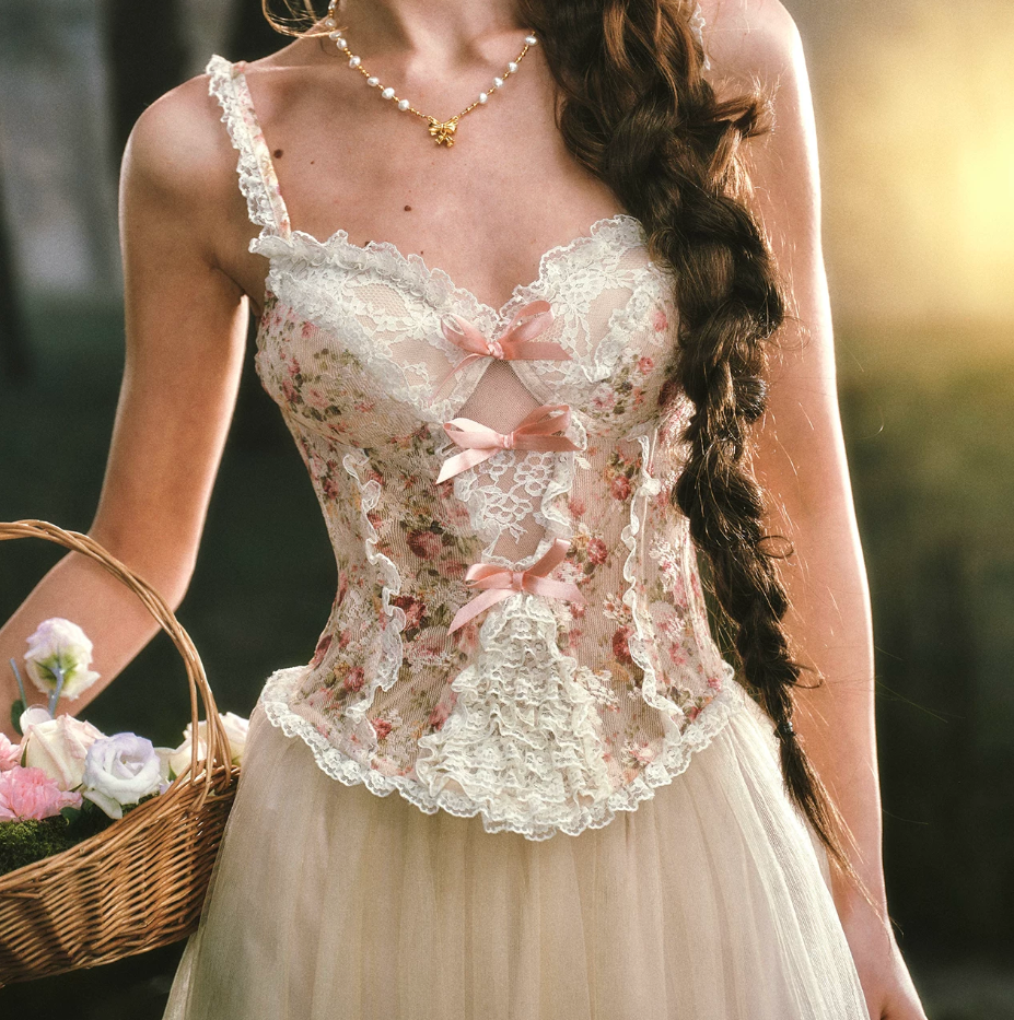 Ornate Spaghetti Straps Lace Prom Dress Floral Bows A-Line Evening Dress C8516