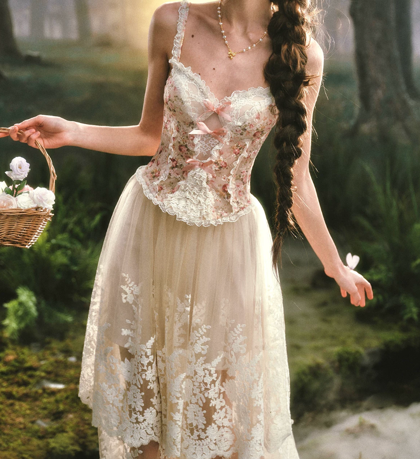 Ornate Spaghetti Straps Lace Prom Dress Floral Bows A-Line Evening Dress C8516