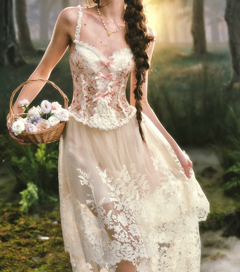 Ornate Spaghetti Straps Lace Prom Dress Floral Bows A-Line Evening Dress C8516