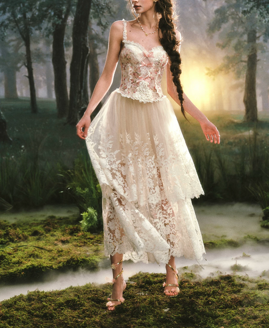 Ornate Spaghetti Straps Lace Prom Dress Floral Bows A-Line Evening Dress C8516