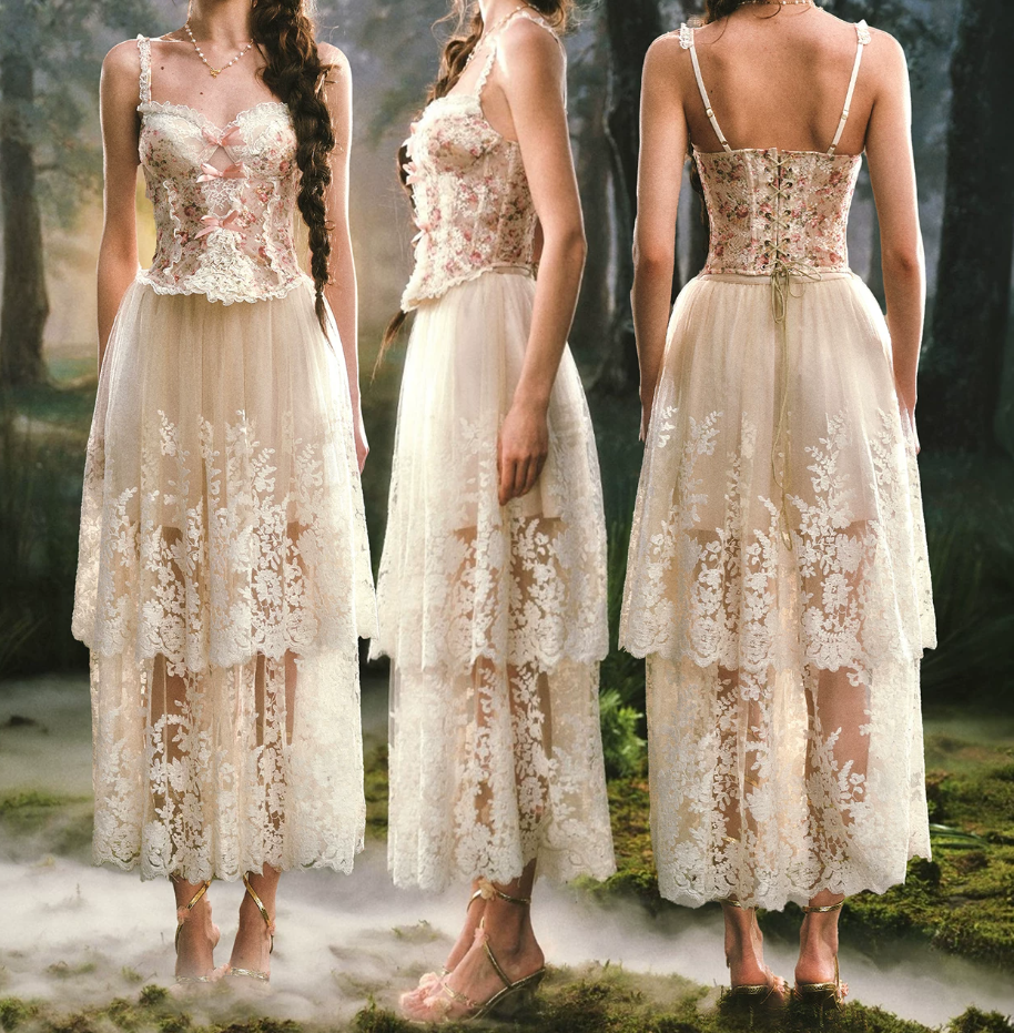 Ornate Spaghetti Straps Lace Prom Dress Floral Bows A-Line Evening Dress C8516