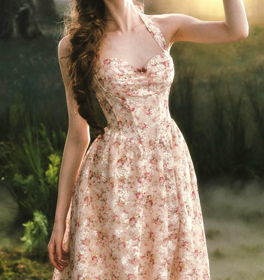 Charming Halter Neck Prom Dress Lace Floral A-Line Evening Dress C8517