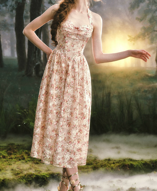 Charming Halter Neck Prom Dress Lace Floral A-Line Evening Dress C8517