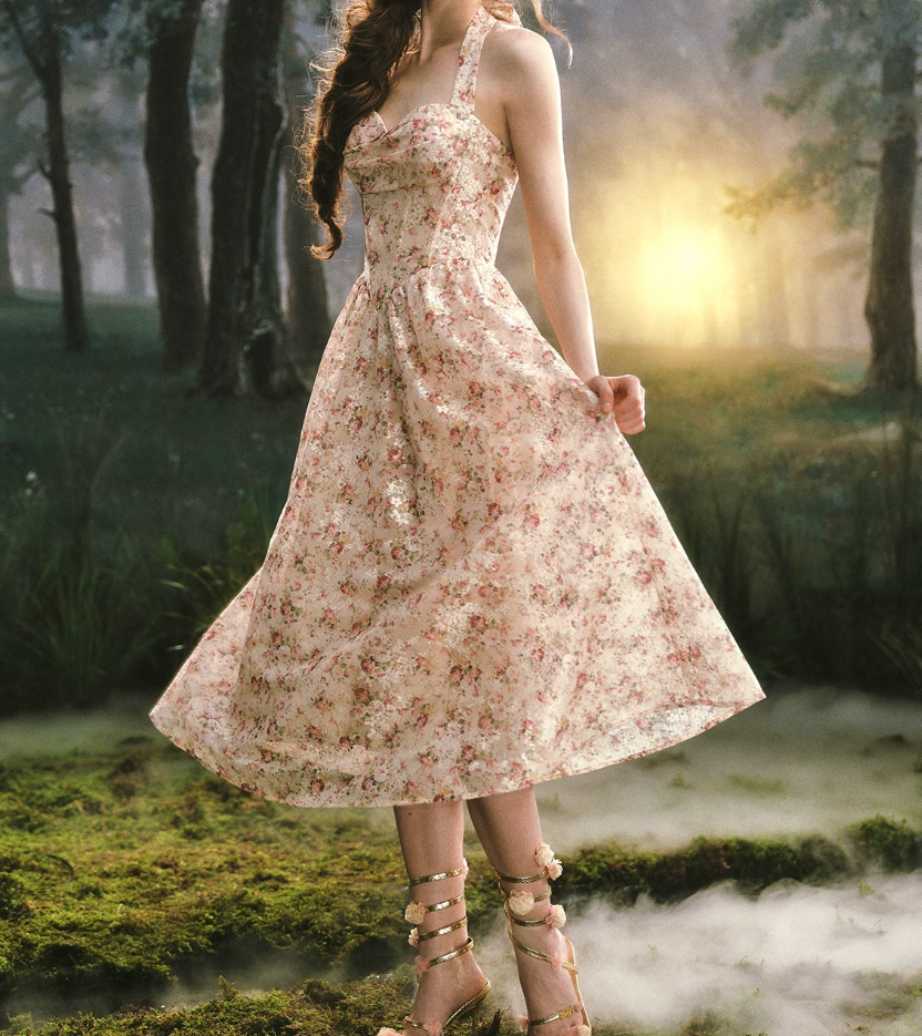 Charming Halter Neck Prom Dress Lace Floral A-Line Evening Dress C8517
