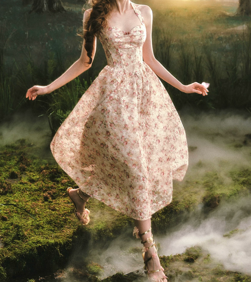 Charming Halter Neck Prom Dress Lace Floral A-Line Evening Dress C8517