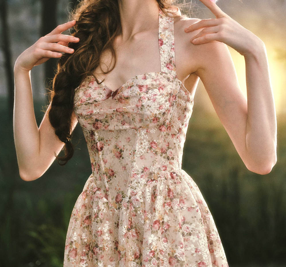 Charming Halter Neck Prom Dress Lace Floral A-Line Evening Dress C8517