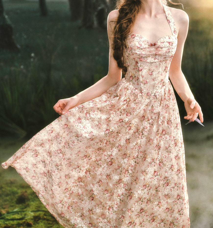 Charming Halter Neck Prom Dress Lace Floral A-Line Evening Dress C8517