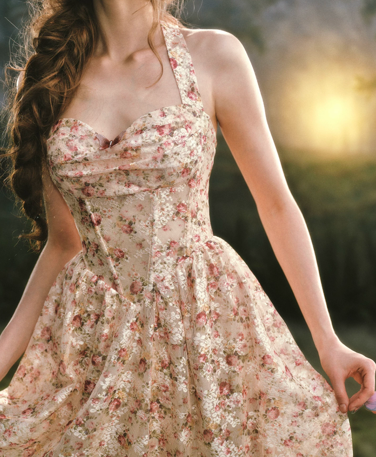 Charming Halter Neck Prom Dress Lace Floral A-Line Evening Dress C8517