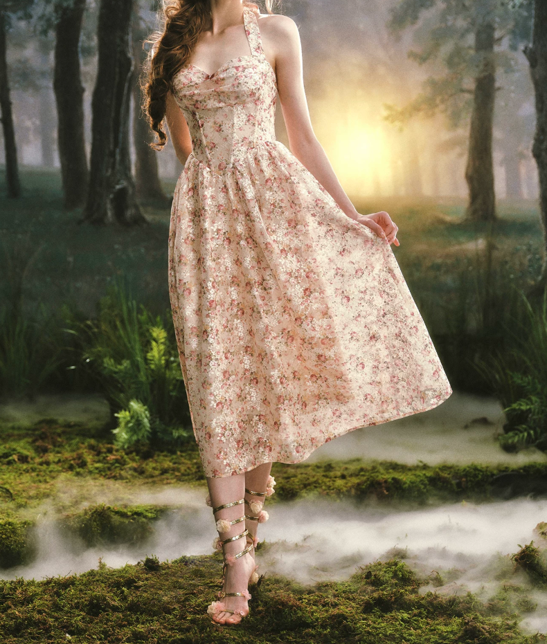 Charming Halter Neck Prom Dress Lace Floral A-Line Evening Dress C8517