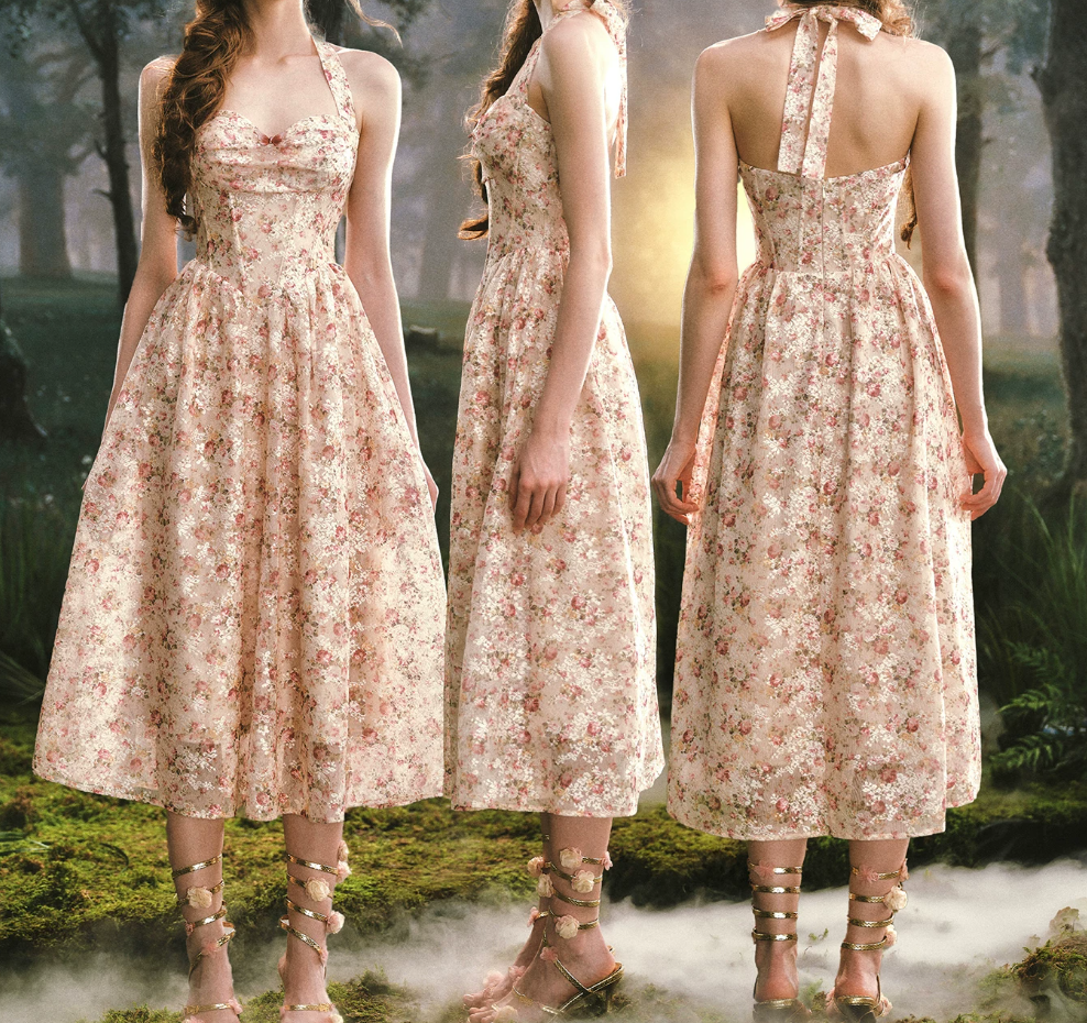 Charming Halter Neck Prom Dress Lace Floral A-Line Evening Dress C8517