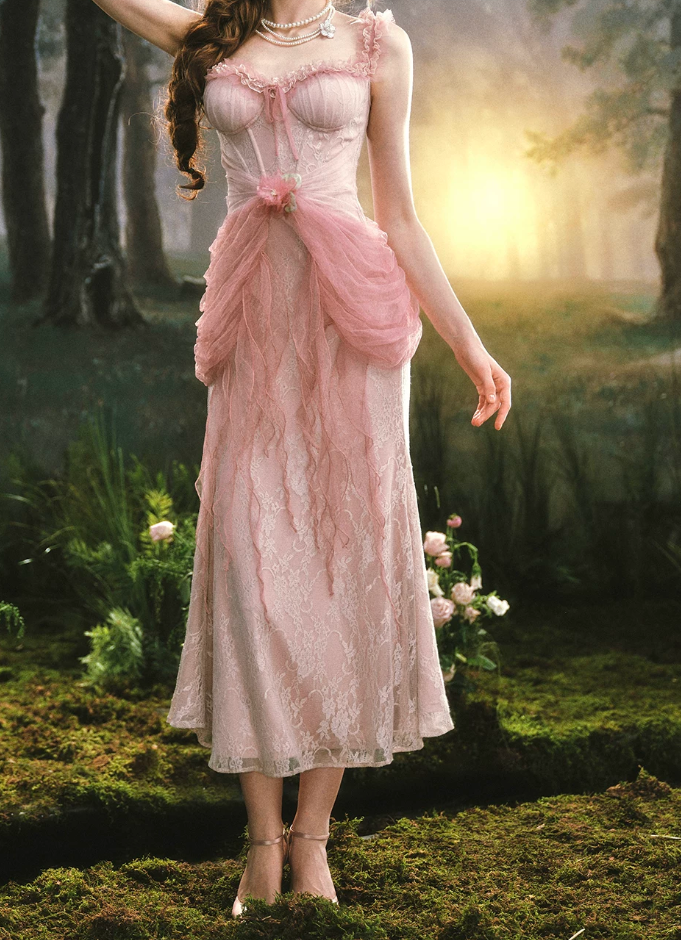 Ornate Spaghetti Straps Pink Prom Dress Ruffles Tulle Lace Sheath Evening Dress C8519