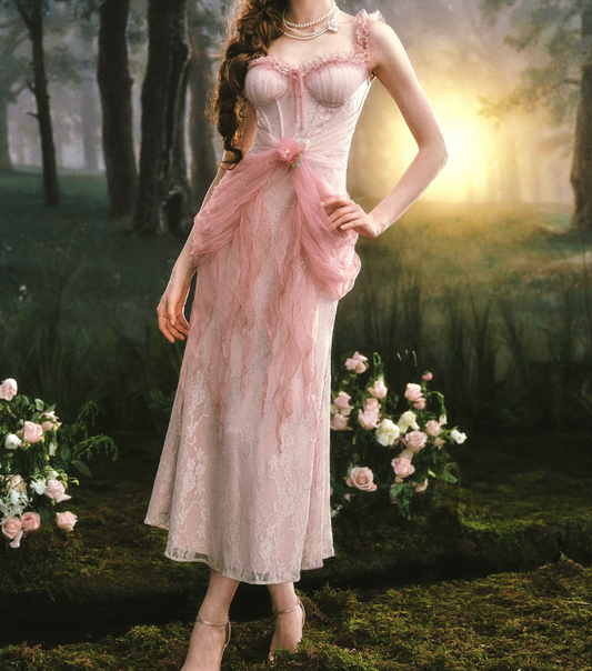 Ornate Spaghetti Straps Pink Prom Dress Ruffles Tulle Lace Sheath Evening Dress C8519