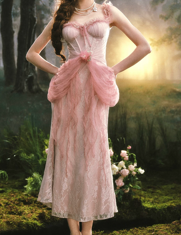 Ornate Spaghetti Straps Pink Prom Dress Ruffles Tulle Lace Sheath Evening Dress C8519