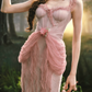 Ornate Spaghetti Straps Pink Prom Dress Ruffles Tulle Lace Sheath Evening Dress C8519