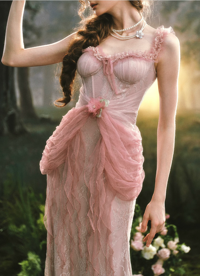 Ornate Spaghetti Straps Pink Prom Dress Ruffles Tulle Lace Sheath Evening Dress C8519