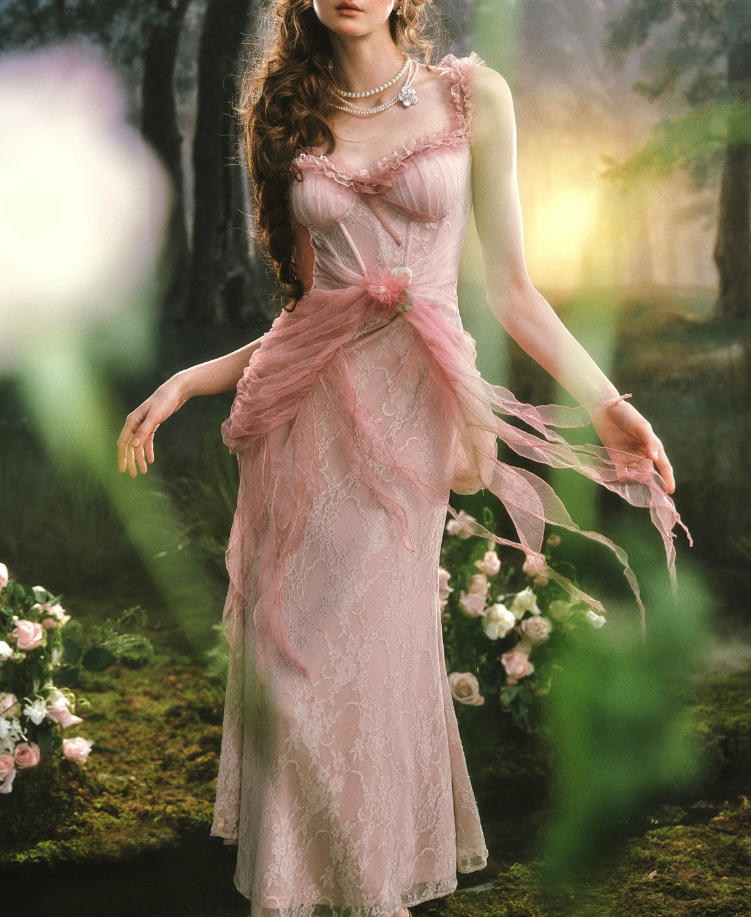 Ornate Spaghetti Straps Pink Prom Dress Ruffles Tulle Lace Sheath Evening Dress C8519
