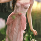 Ornate Spaghetti Straps Pink Prom Dress Ruffles Tulle Lace Sheath Evening Dress C8519