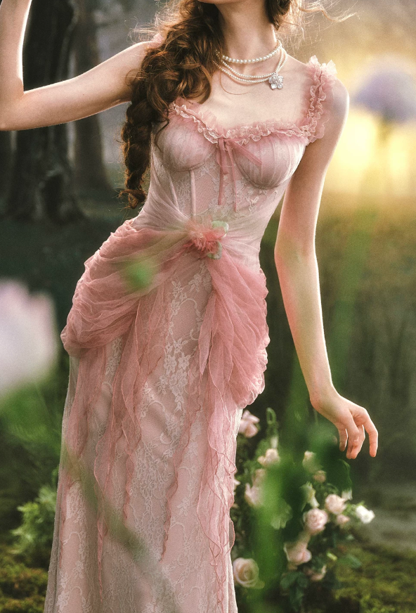 Ornate Spaghetti Straps Pink Prom Dress Ruffles Tulle Lace Sheath Evening Dress C8519