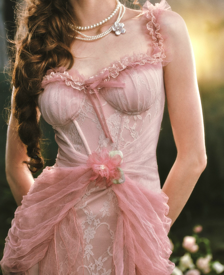Ornate Spaghetti Straps Pink Prom Dress Ruffles Tulle Lace Sheath Evening Dress C8519