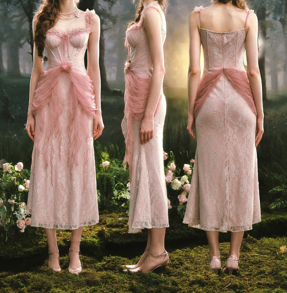 Ornate Spaghetti Straps Pink Prom Dress Ruffles Tulle Lace Sheath Evening Dress C8519