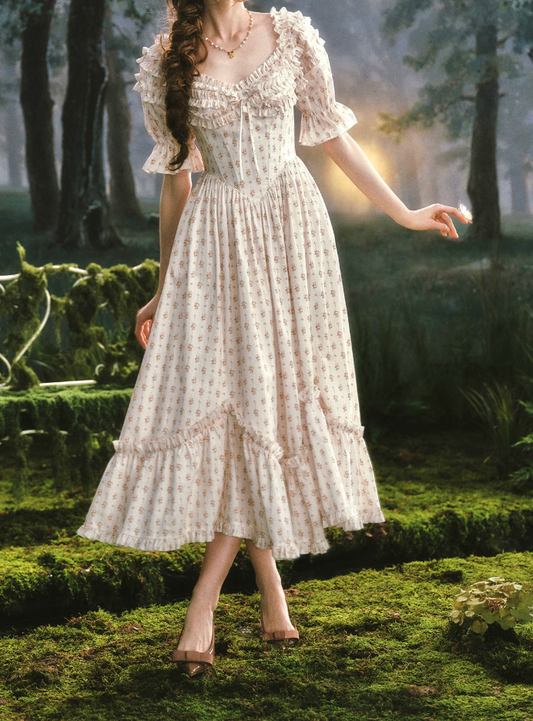 Chic Square Neck White Prom Dress Floral Short Sleeve A-Line Evening Dress C8522