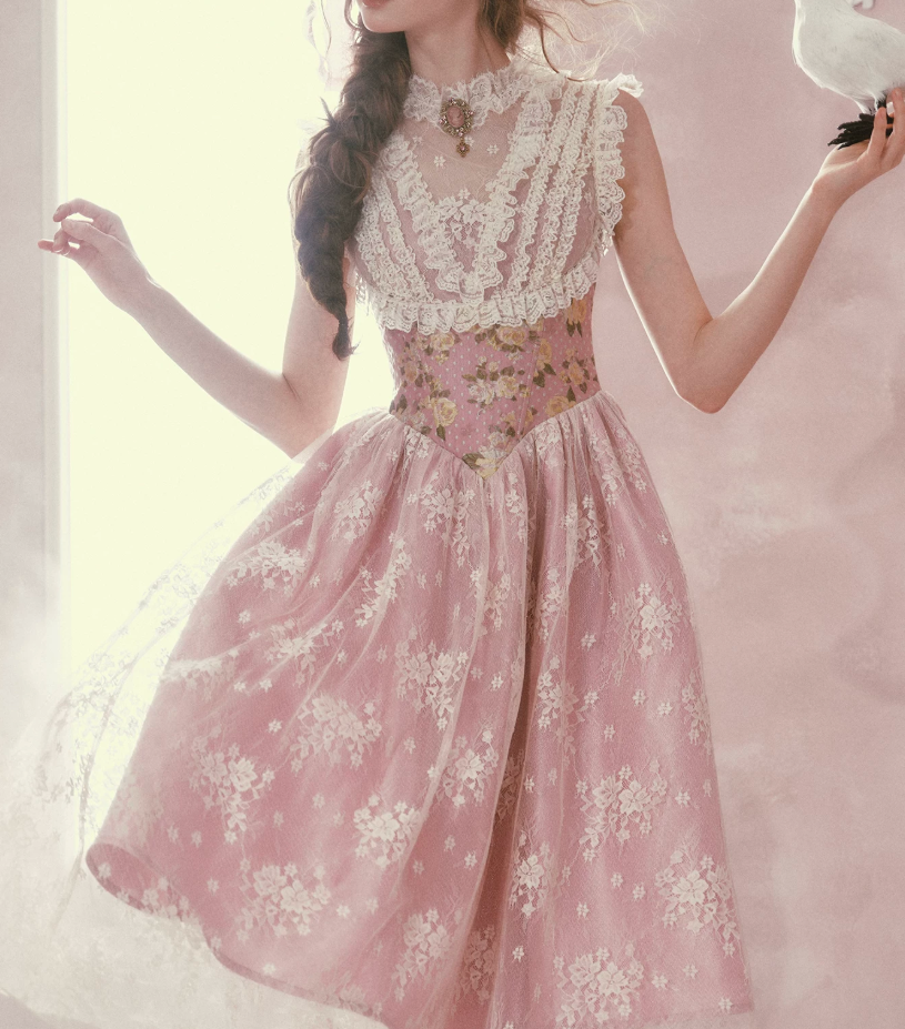 Romantic Round Neck Pink Prom Dress Lace Floral A-Line Evening Dress C8523