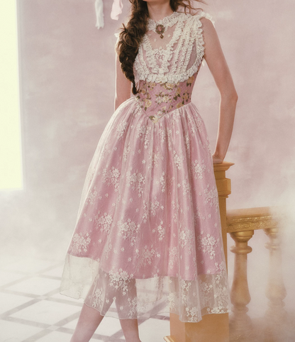 Romantic Round Neck Pink Prom Dress Lace Floral A-Line Evening Dress C8523
