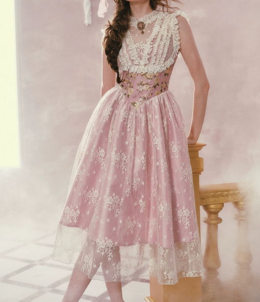 Romantic Round Neck Pink Prom Dress Lace Floral A-Line Evening Dress C8523