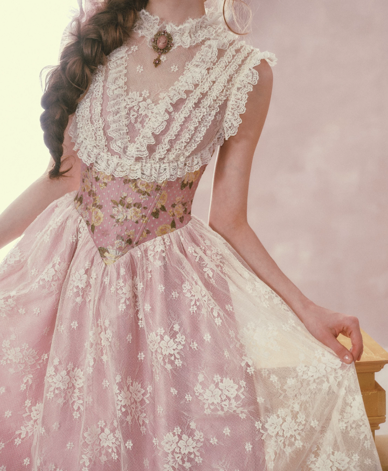 Romantic Round Neck Pink Prom Dress Lace Floral A-Line Evening Dress C8523