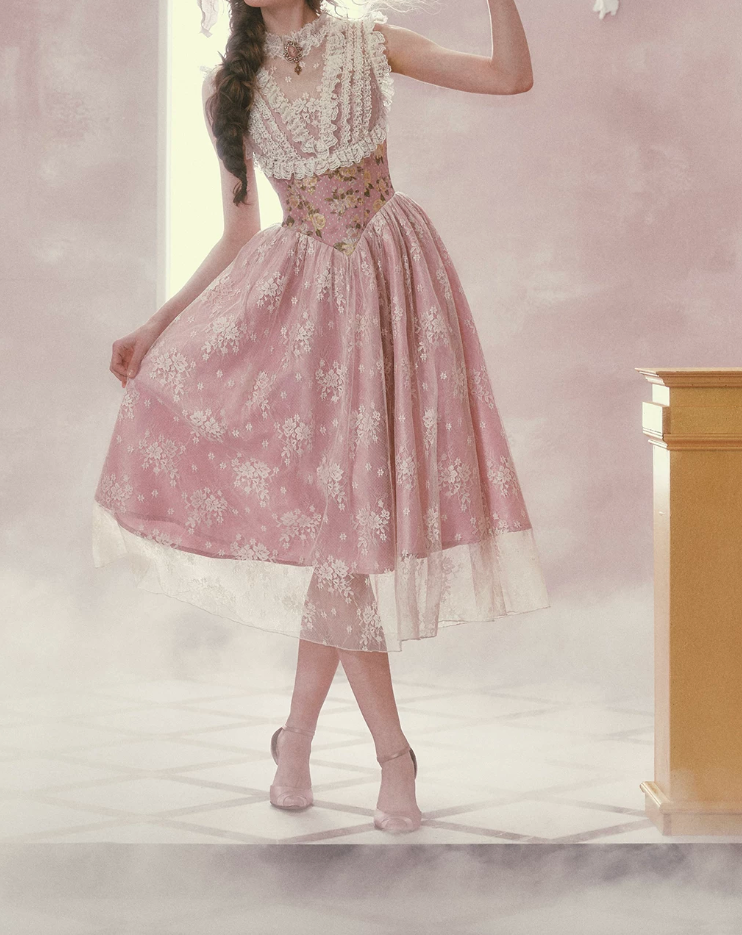 Romantic Round Neck Pink Prom Dress Lace Floral A-Line Evening Dress C8523