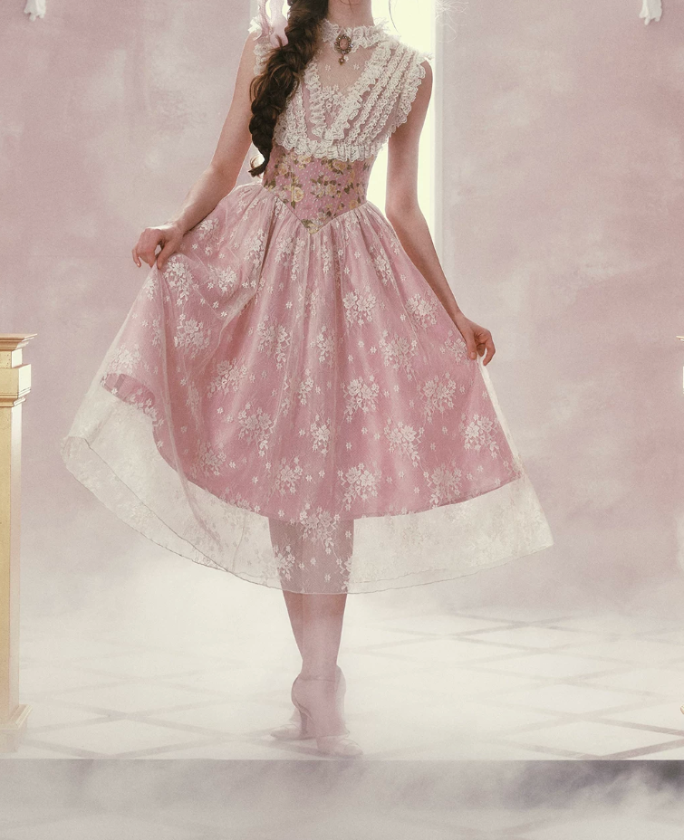 Romantic Round Neck Pink Prom Dress Lace Floral A-Line Evening Dress C8523