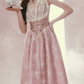 Romantic Round Neck Pink Prom Dress Lace Floral A-Line Evening Dress C8523