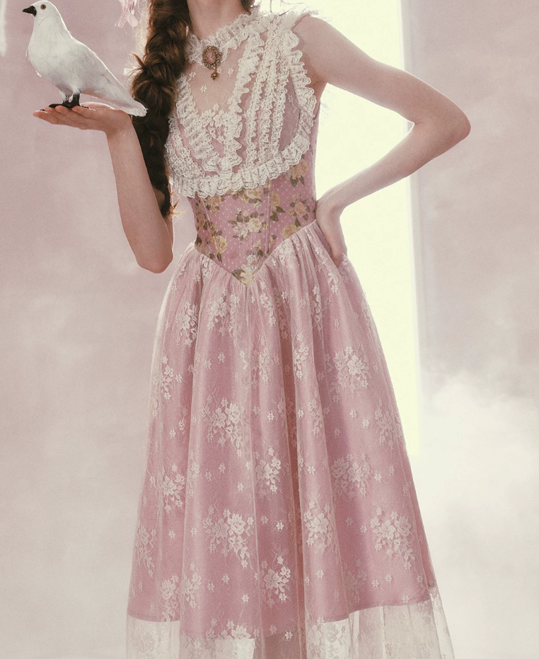 Romantic Round Neck Pink Prom Dress Lace Floral A-Line Evening Dress C8523
