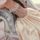 Glam Strapless Pink Prom Dress Lace Floral A-Line Satin Evening Dress C8524